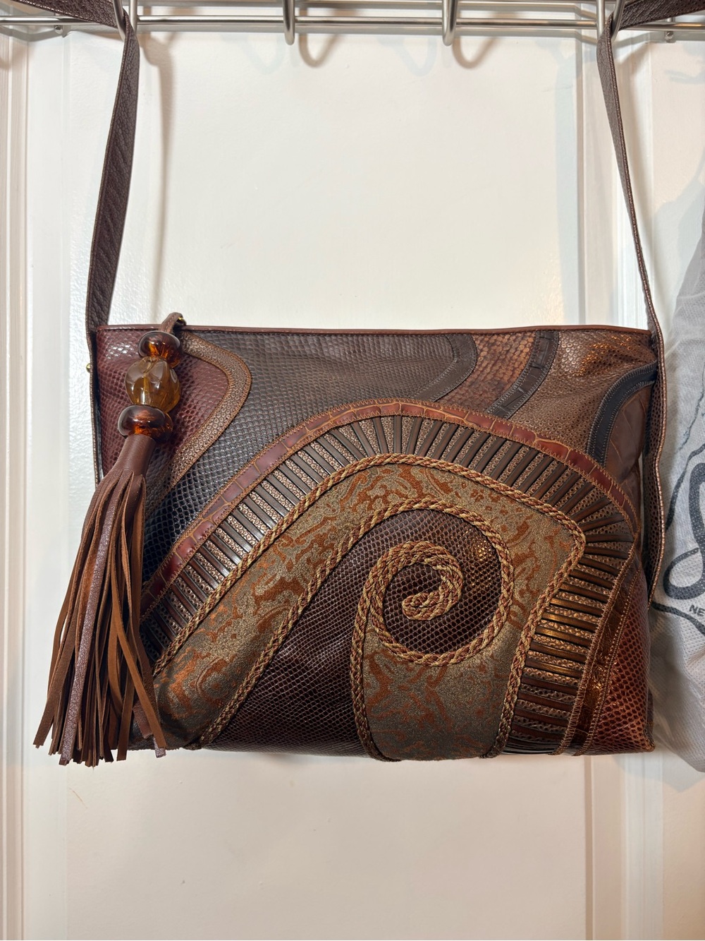 Vintage 80s Sharif Patchwork Leather Shoulder Bag Croc Snake Spiral